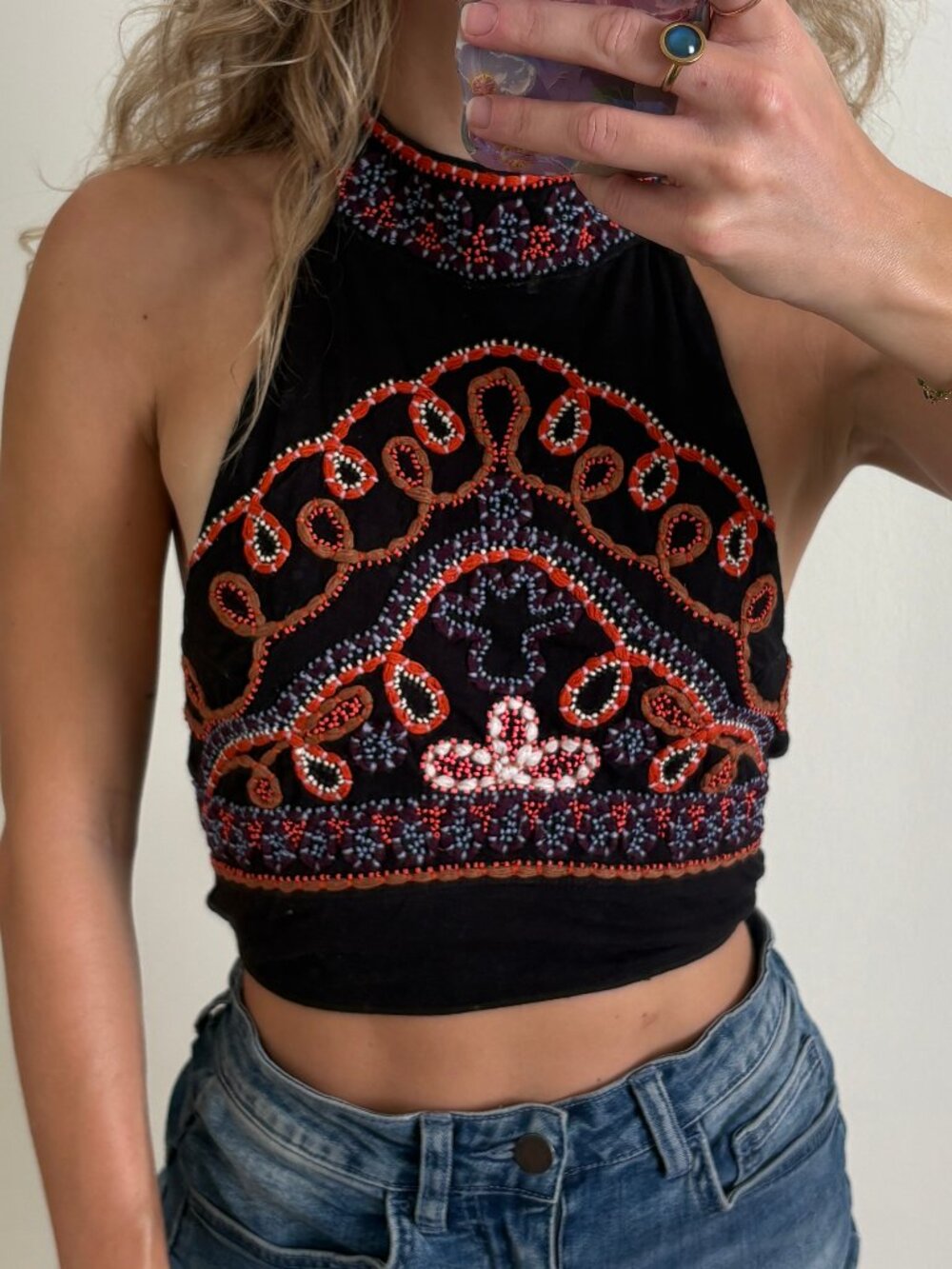 Free People Black Halter Crop Tank with Red Embroidery